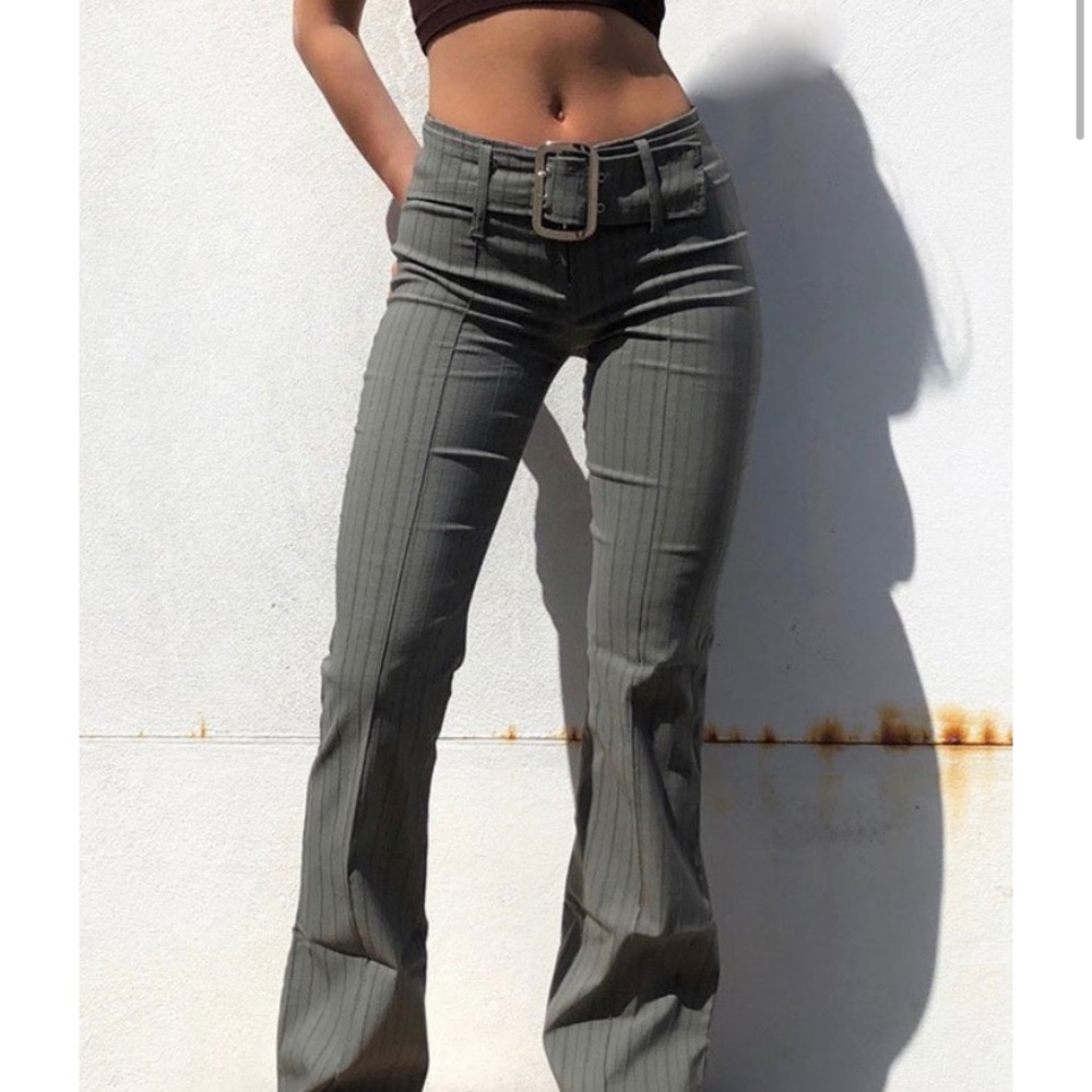 Pinstripe Belted Flare Leg Pants